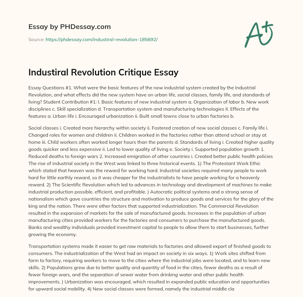 Industiral Revolution Critique Essay essay