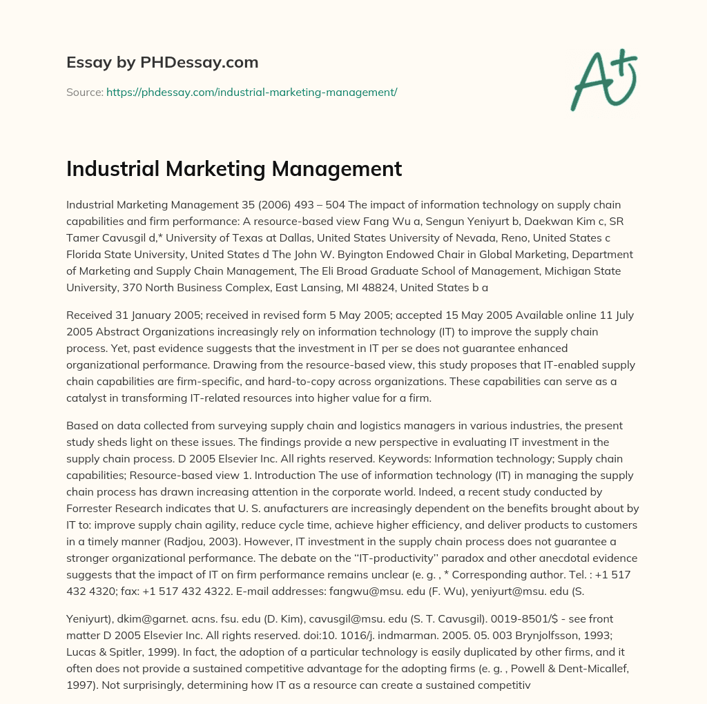 Industrial Marketing Management essay