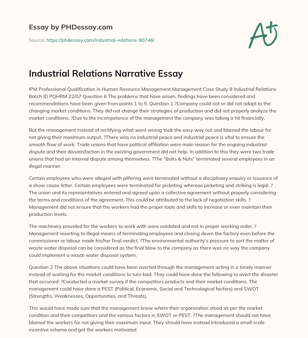 Industrial Relations Narrative Essay essay