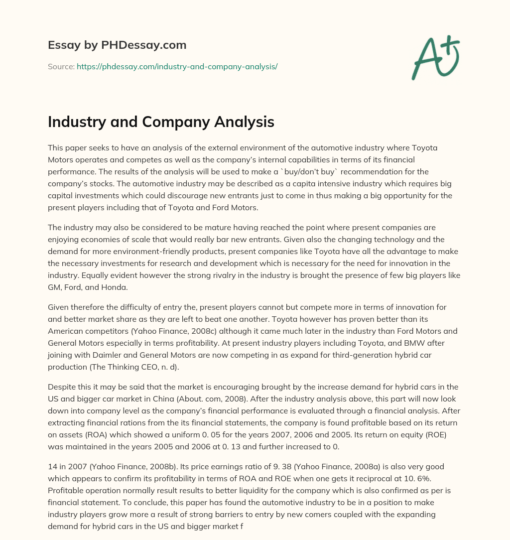Industry and Company Analysis essay