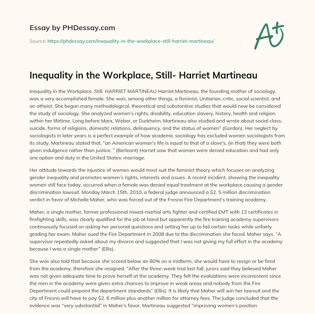 Inequality in the Workplace, Still- Harriet Martineau essay