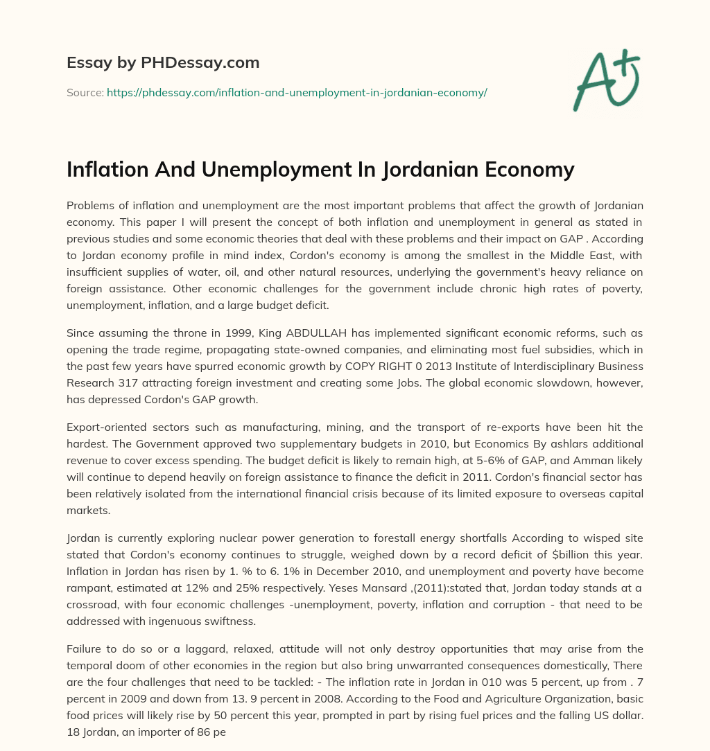 Inflation And Unemployment In Jordanian Economy essay