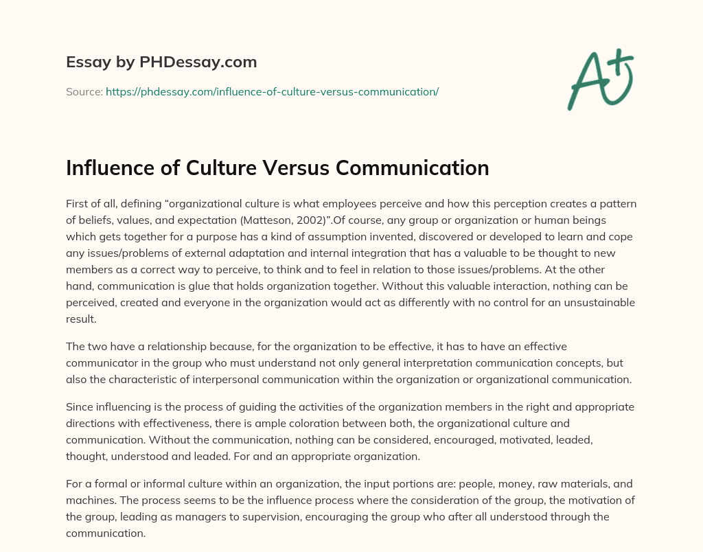 Influence of Culture Versus Communication essay
