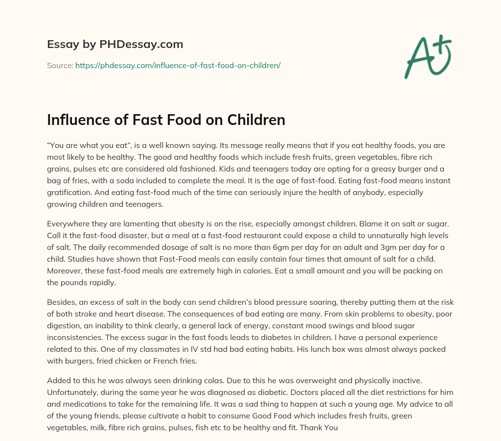 Influence of Fast Food on Children essay