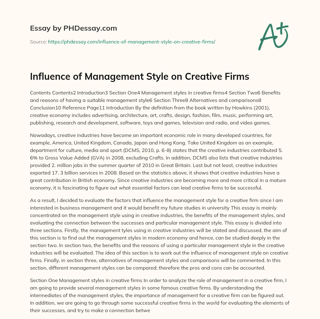 Influence of Management Style on Creative Firms essay