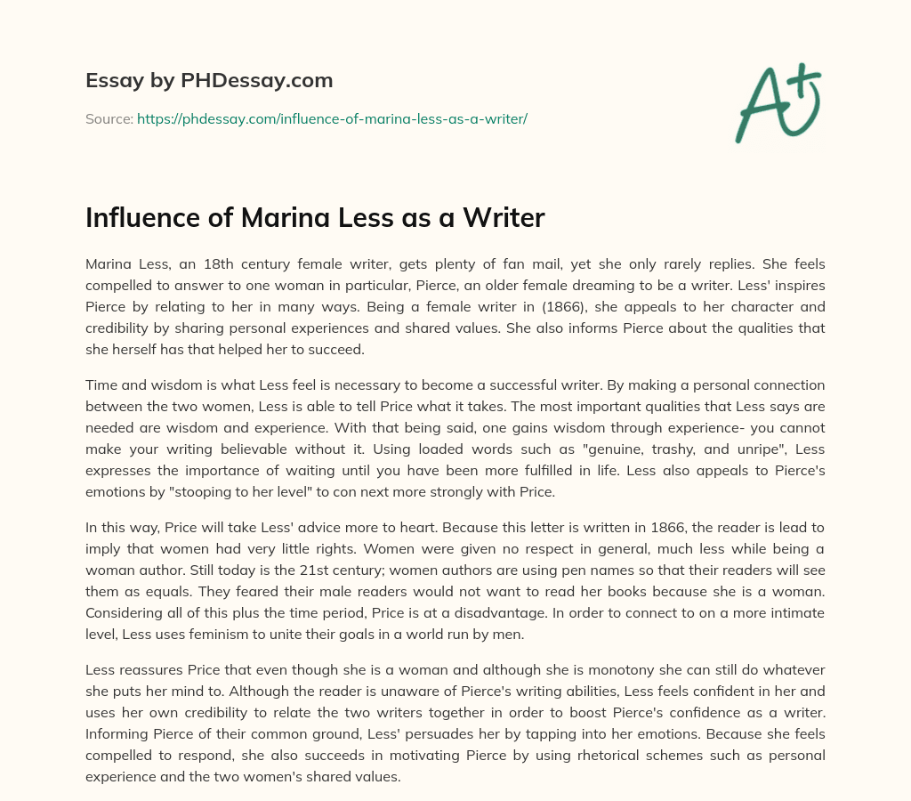 Influence of Marina Less as a Writer essay