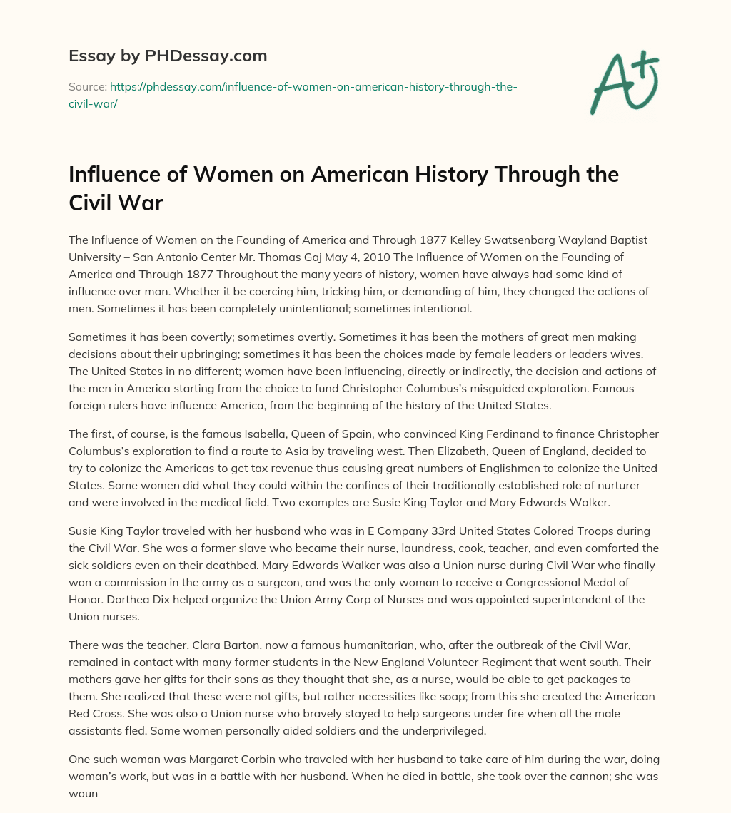 Influence of Women on American History Through the Civil War essay