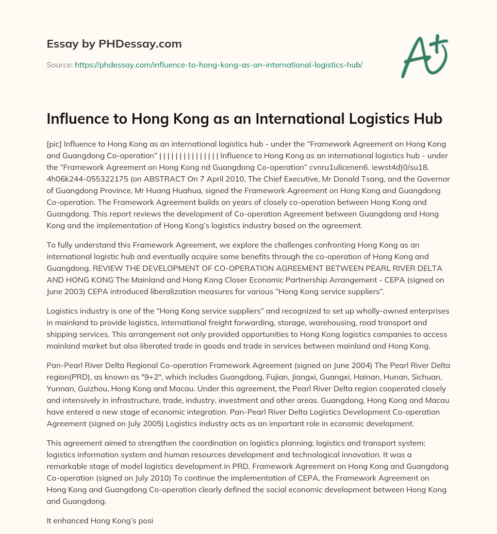 Influence to Hong Kong as an International Logistics Hub essay