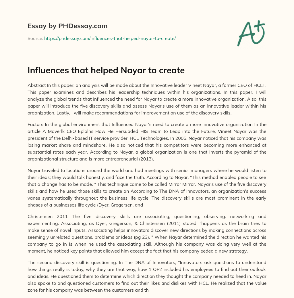 Influences that helped Nayar to create essay