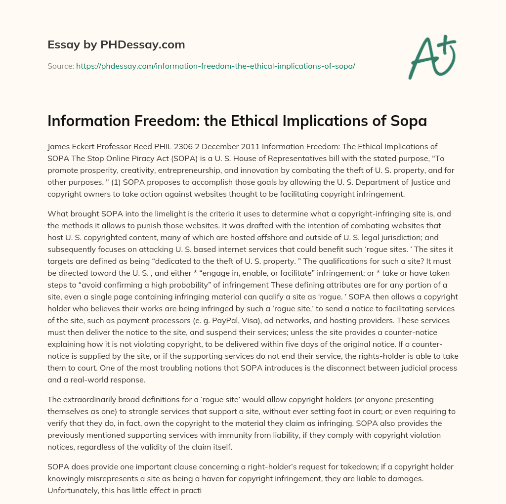 Information Freedom: the Ethical Implications of Sopa essay