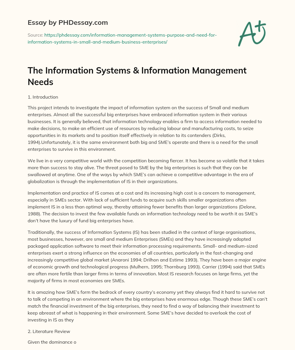 The Information Systems & Information Management Needs essay