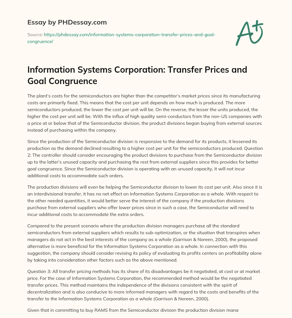Information Systems Corporation: Transfer Prices and Goal Congruence essay