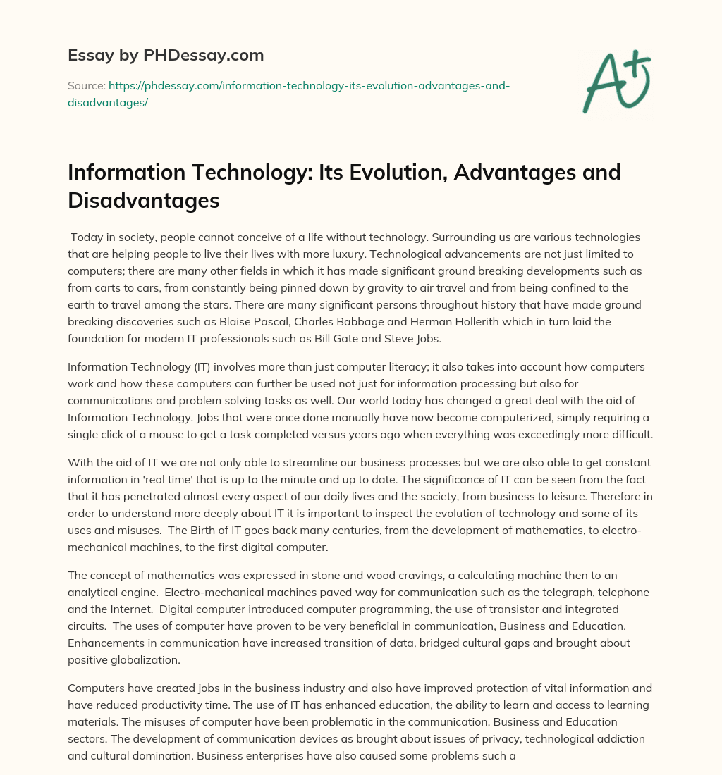 Information Technology: Its Evolution, Advantages and Disadvantages essay