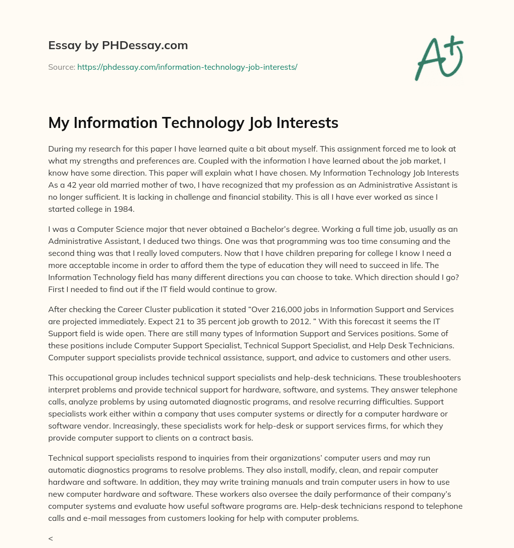 My Information Technology Job Interests essay