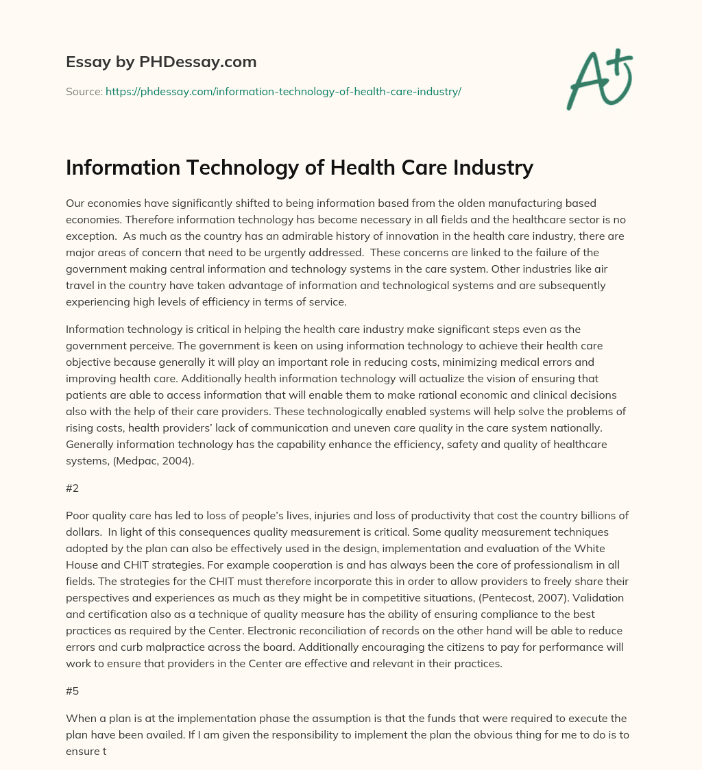 Information Technology of Health Care Industry essay