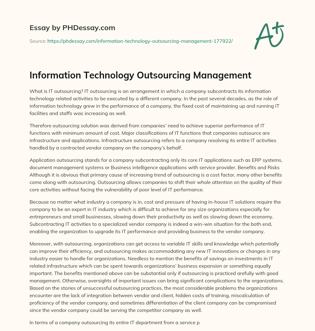 Information Technology Outsourcing Management essay