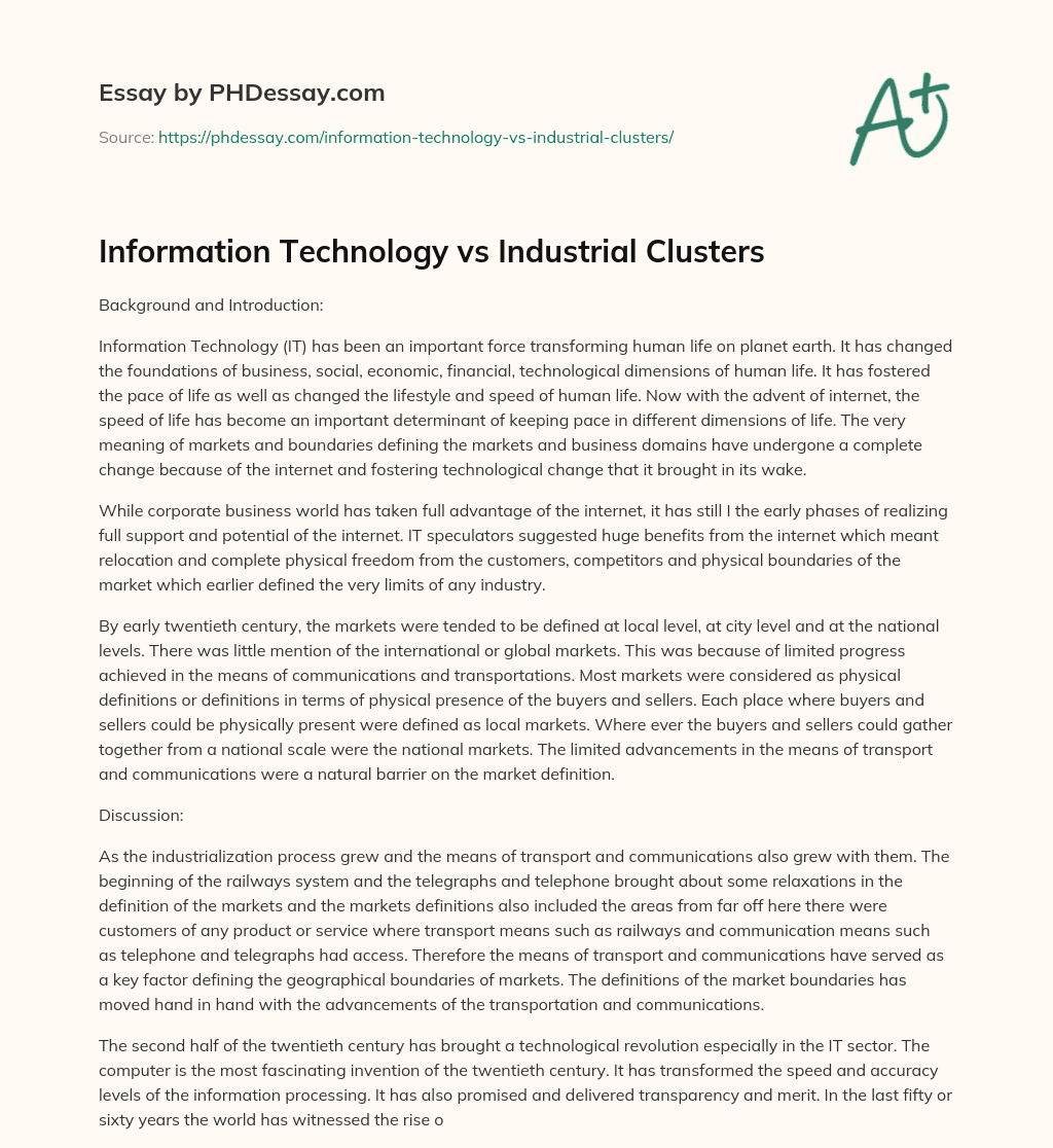 Information Technology vs Industrial Clusters essay