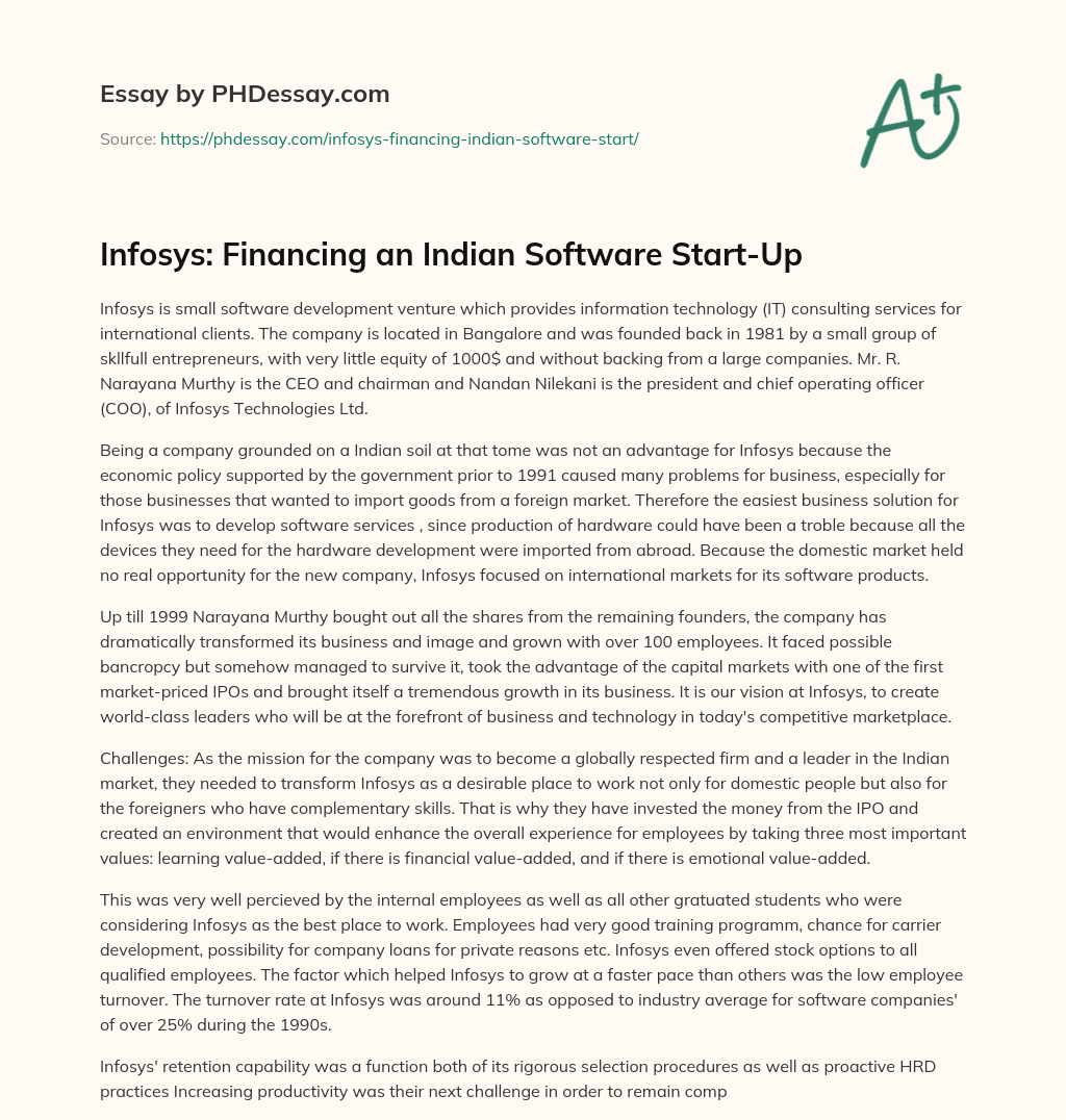 Infosys: Financing an Indian Software Start-Up essay