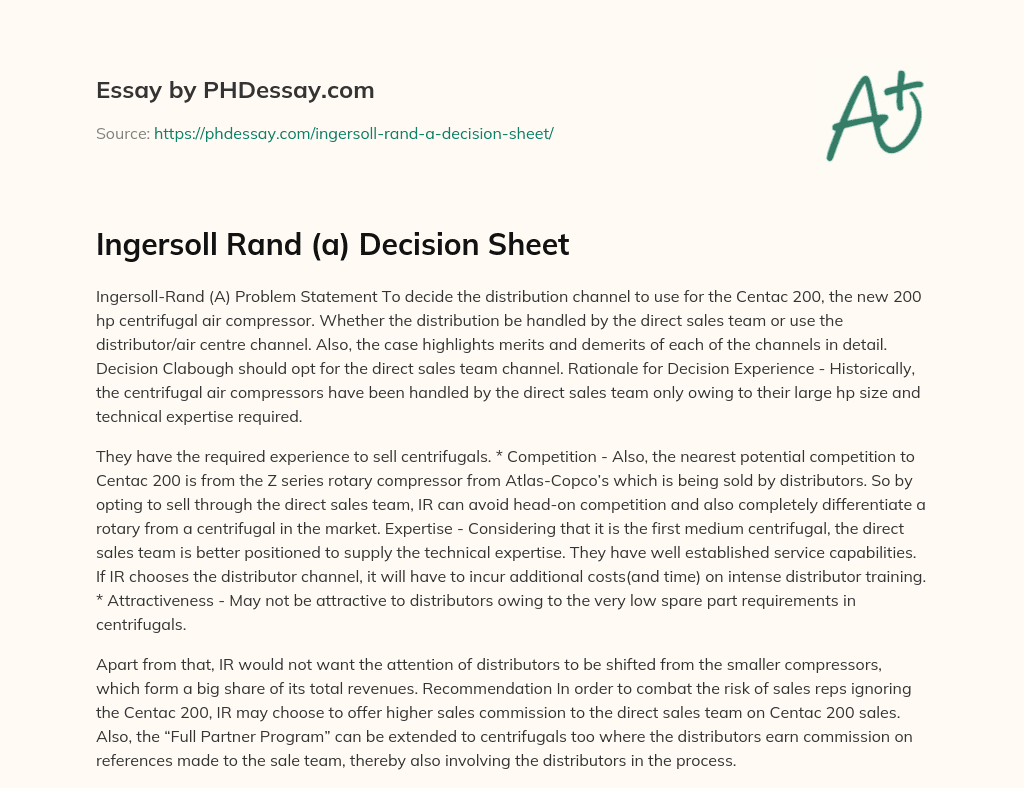 Ingersoll Rand (a) Decision Sheet essay