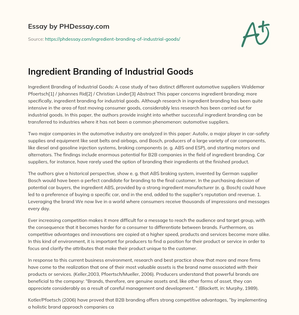 Ingredient Branding of Industrial Goods essay