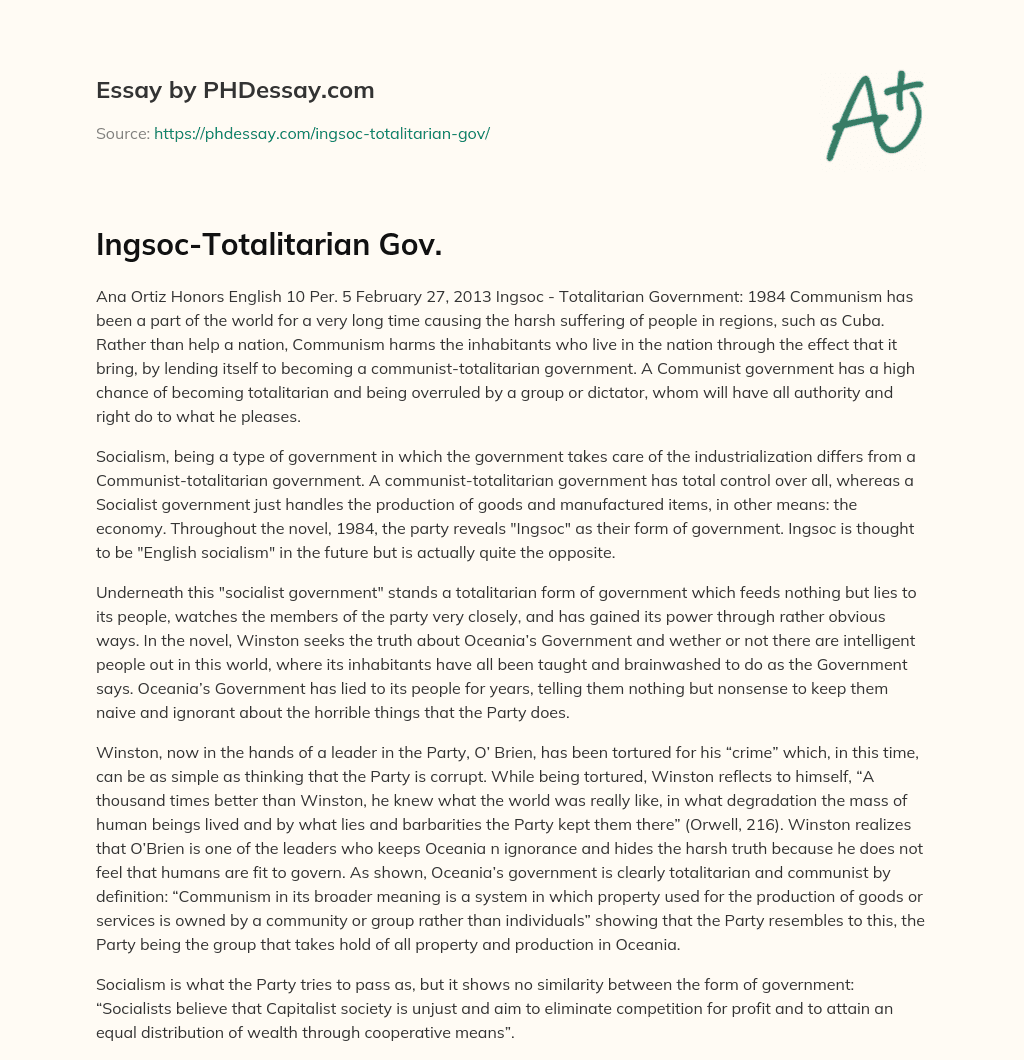 Ingsoc-Totalitarian Gov. essay