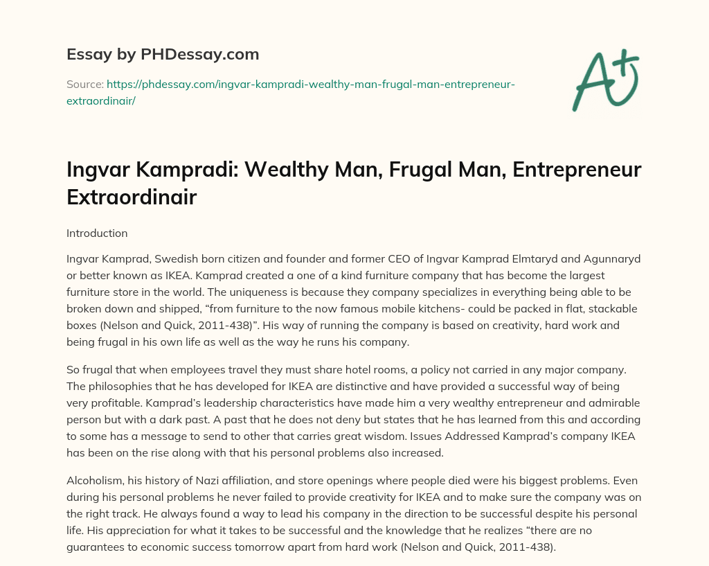 Ingvar Kampradi: Wealthy Man, Frugal Man, Entrepreneur Extraordinair essay