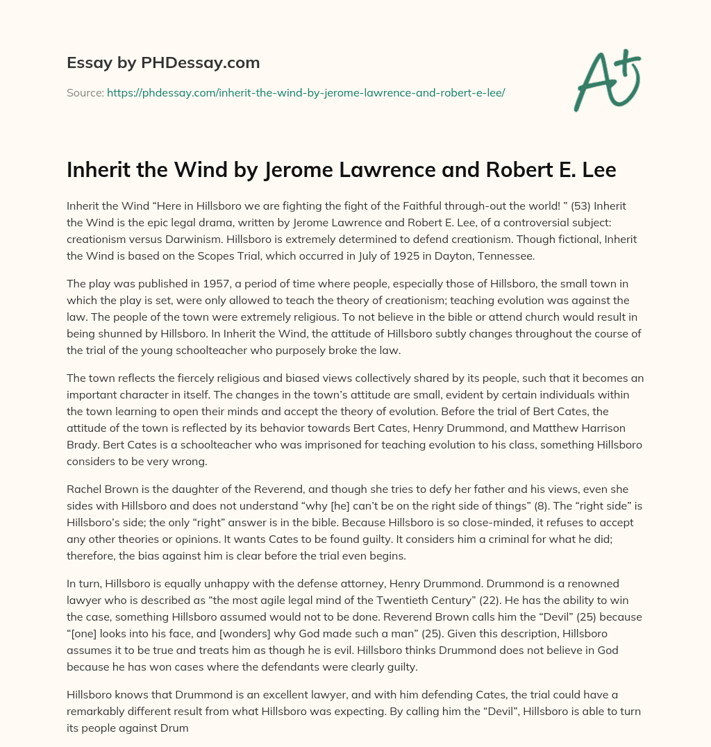 Inherit the Wind by Jerome Lawrence and Robert E. Lee essay