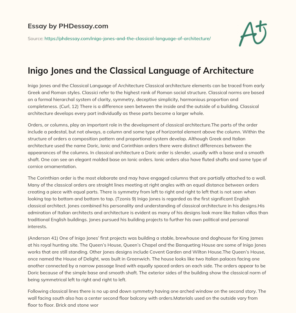 Inigo Jones and the Classical Language of Architecture essay