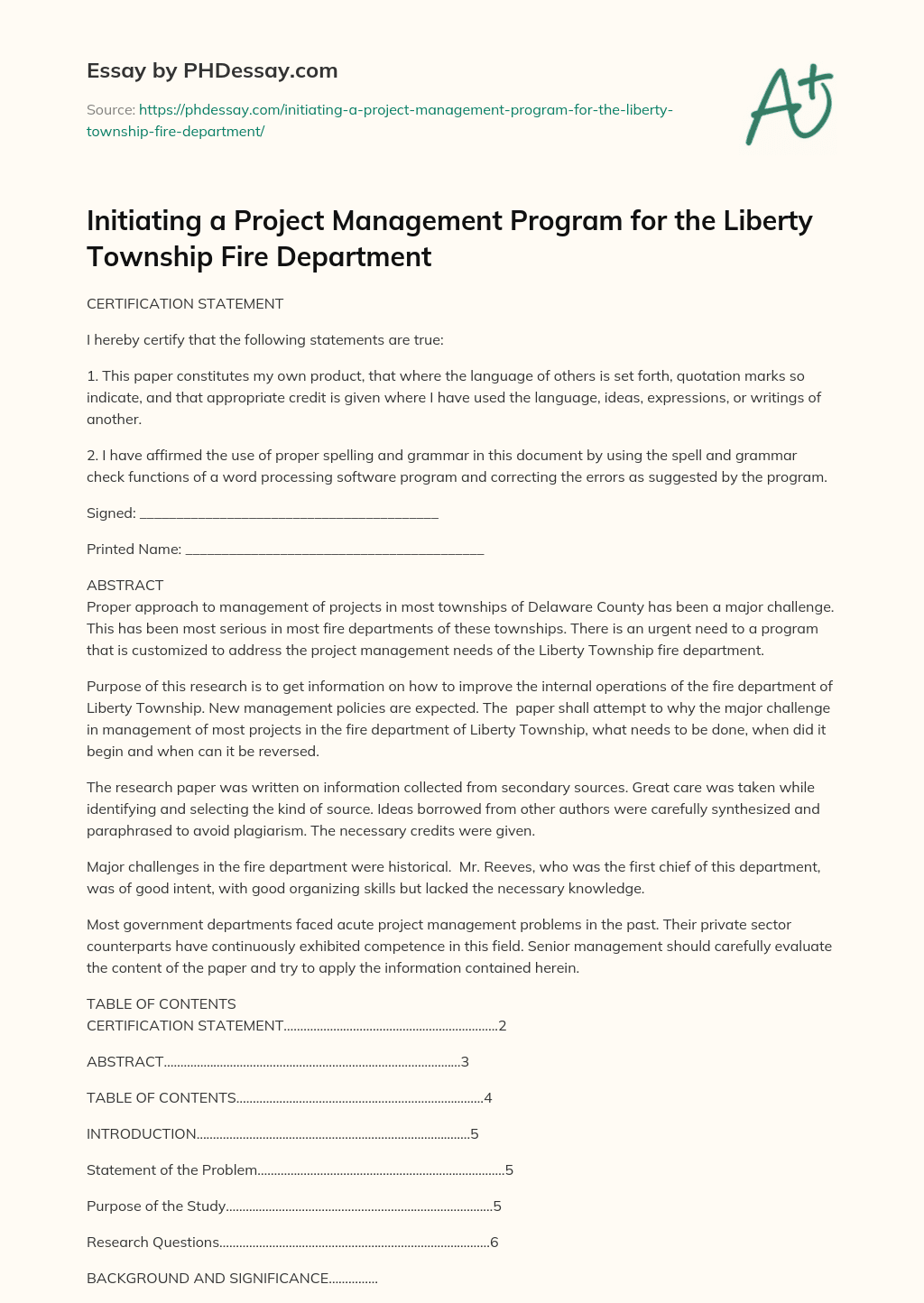 Initiating a Project Management Program for the Liberty Township Fire Department essay