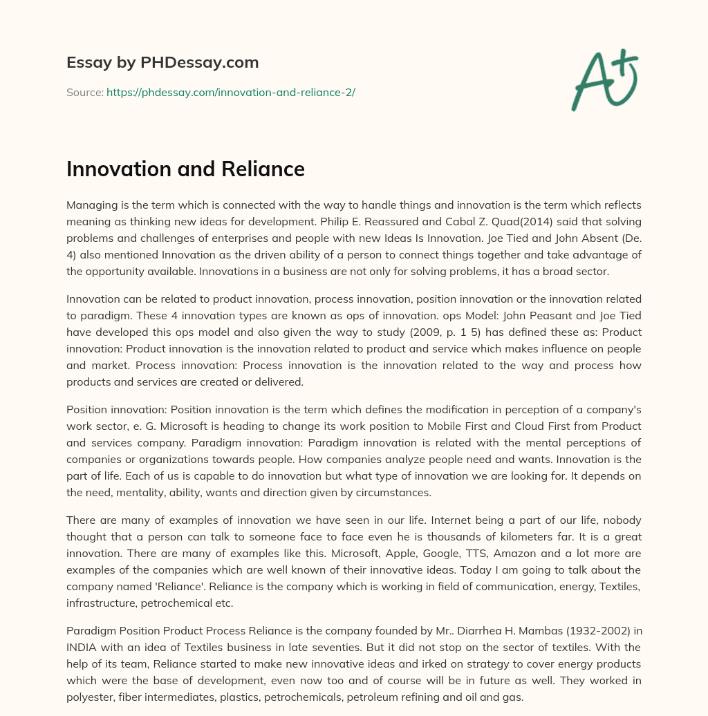 Innovation and Reliance essay