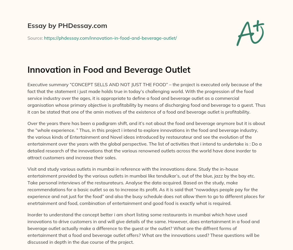 Innovation in Food and Beverage Outlet essay