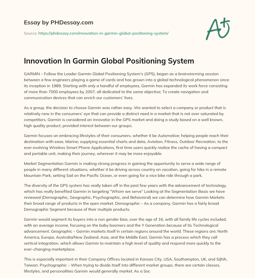 Innovation In Garmin Global Positioning System essay
