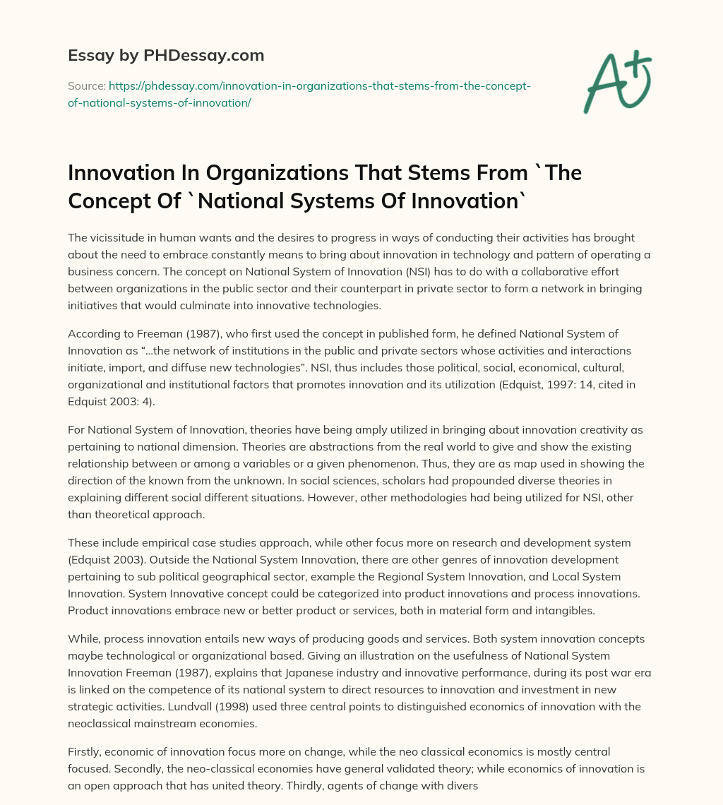 Innovation In Organizations That Stems From `The Concept Of `National Systems Of Innovation` essay