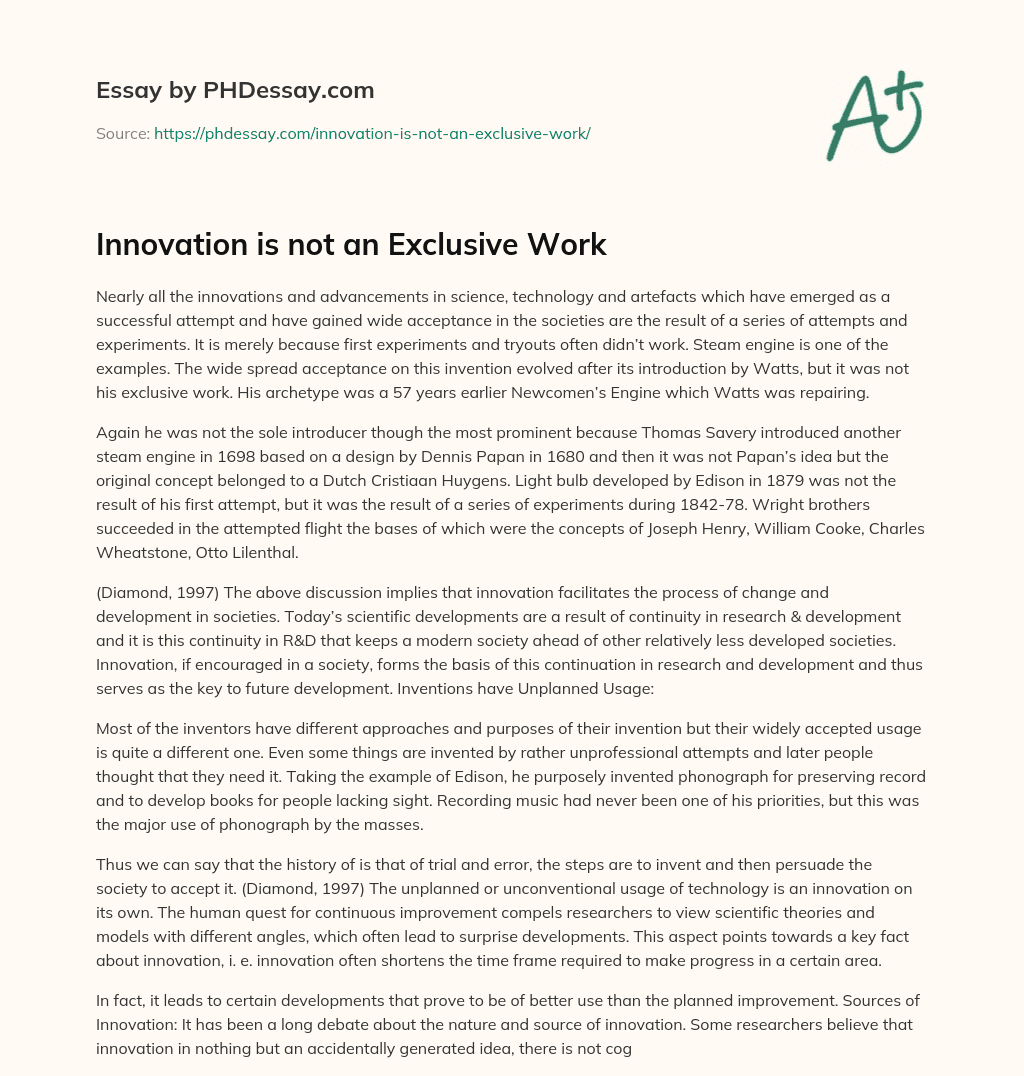 Innovation is not an Exclusive Work essay