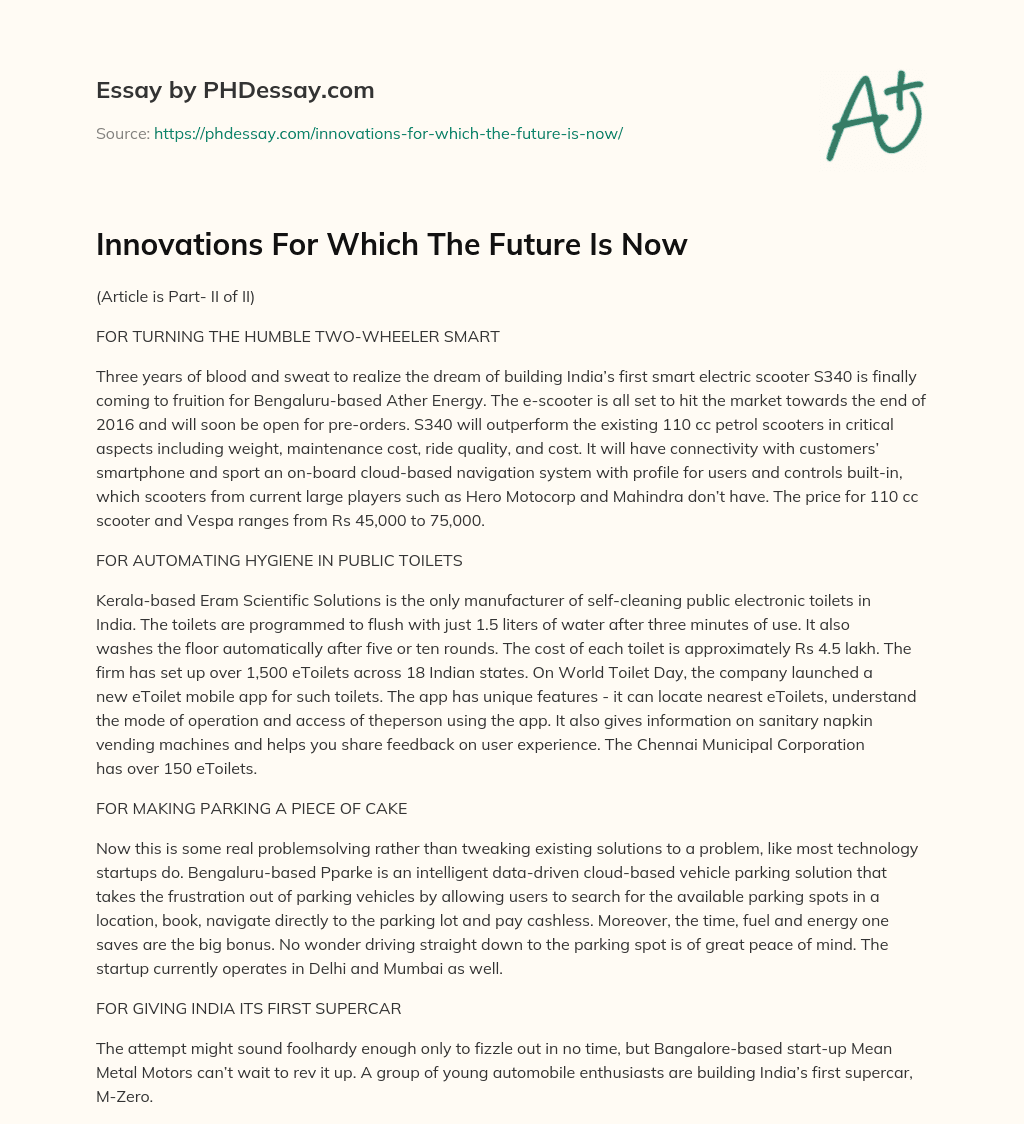 Innovations For Which The Future Is Now essay