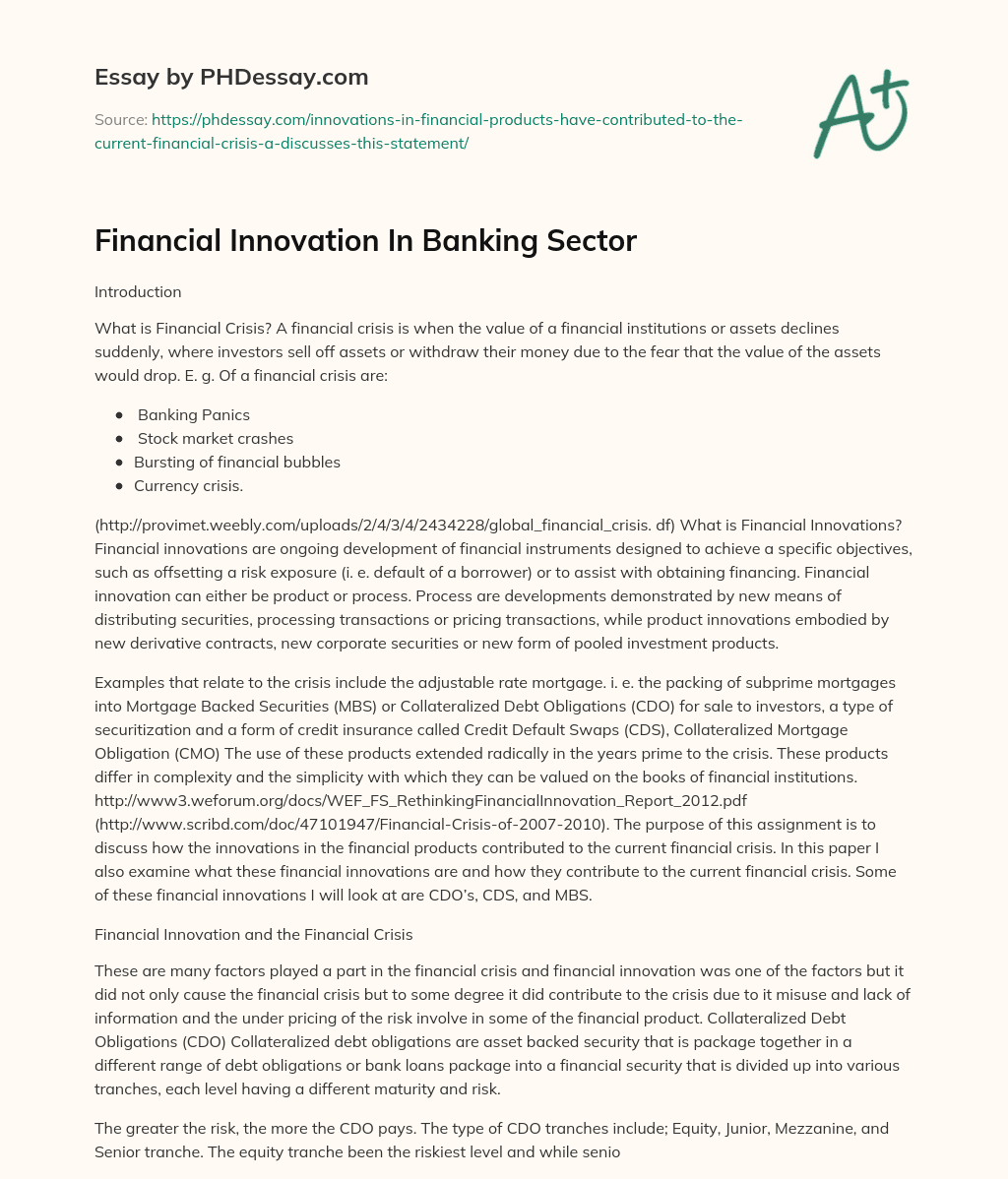 Financial Innovation In Banking Sector essay