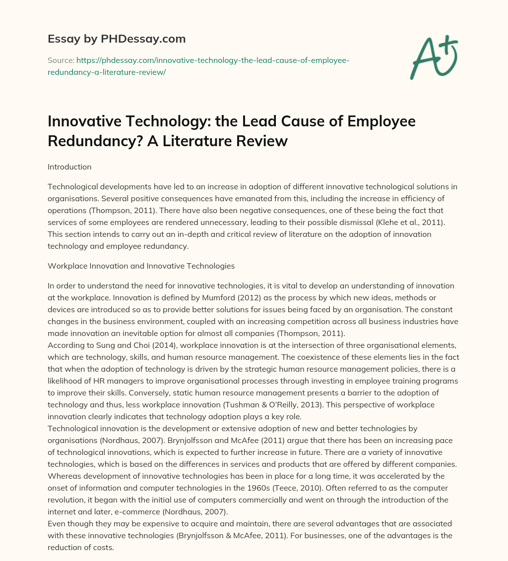 Innovative Technology: the Lead Cause of Employee Redundancy? A Literature Review essay