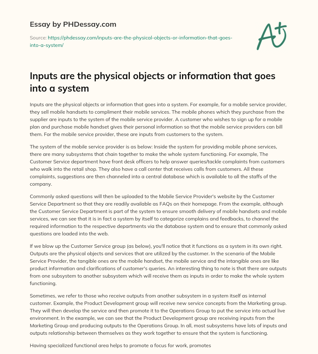 Inputs are the physical objects or information that goes into a system essay