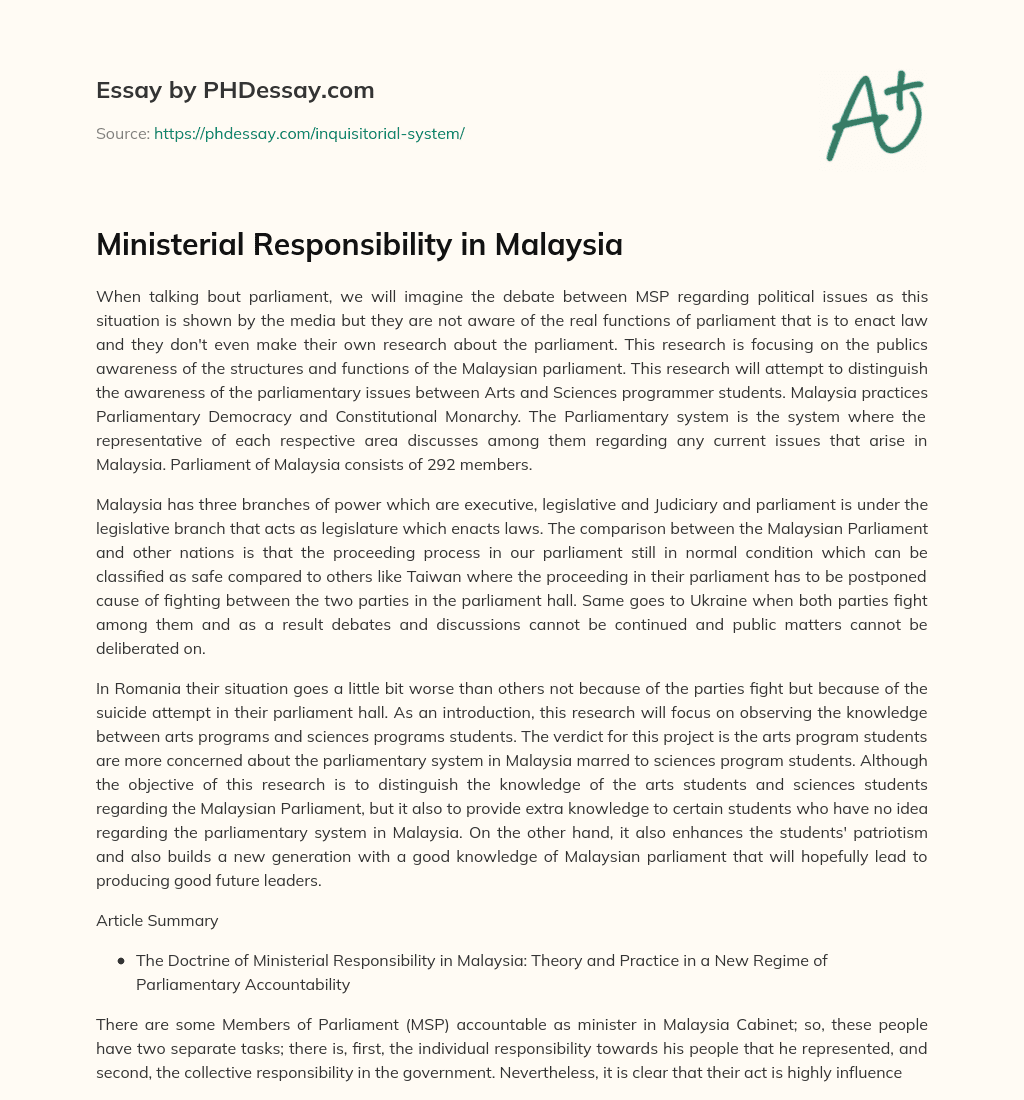 Ministerial Responsibility in Malaysia essay