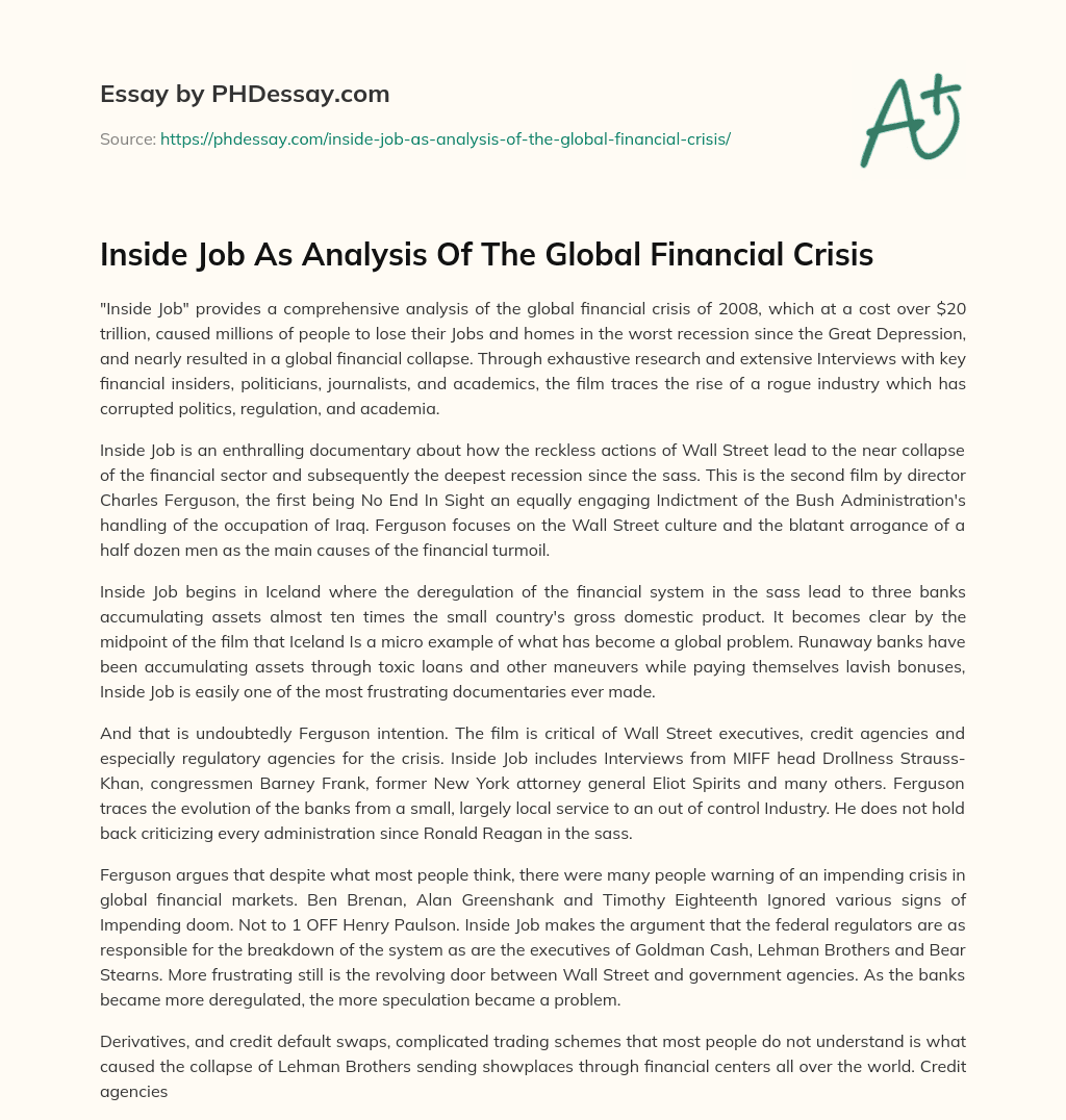 Inside Job As Analysis Of The Global Financial Crisis essay