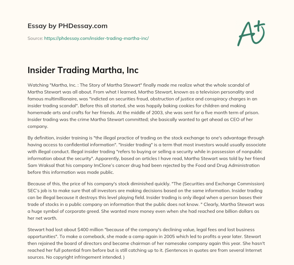 Insider Trading Martha, Inc essay