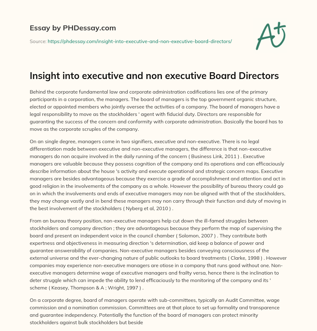 Insight into executive and non executive Board Directors essay