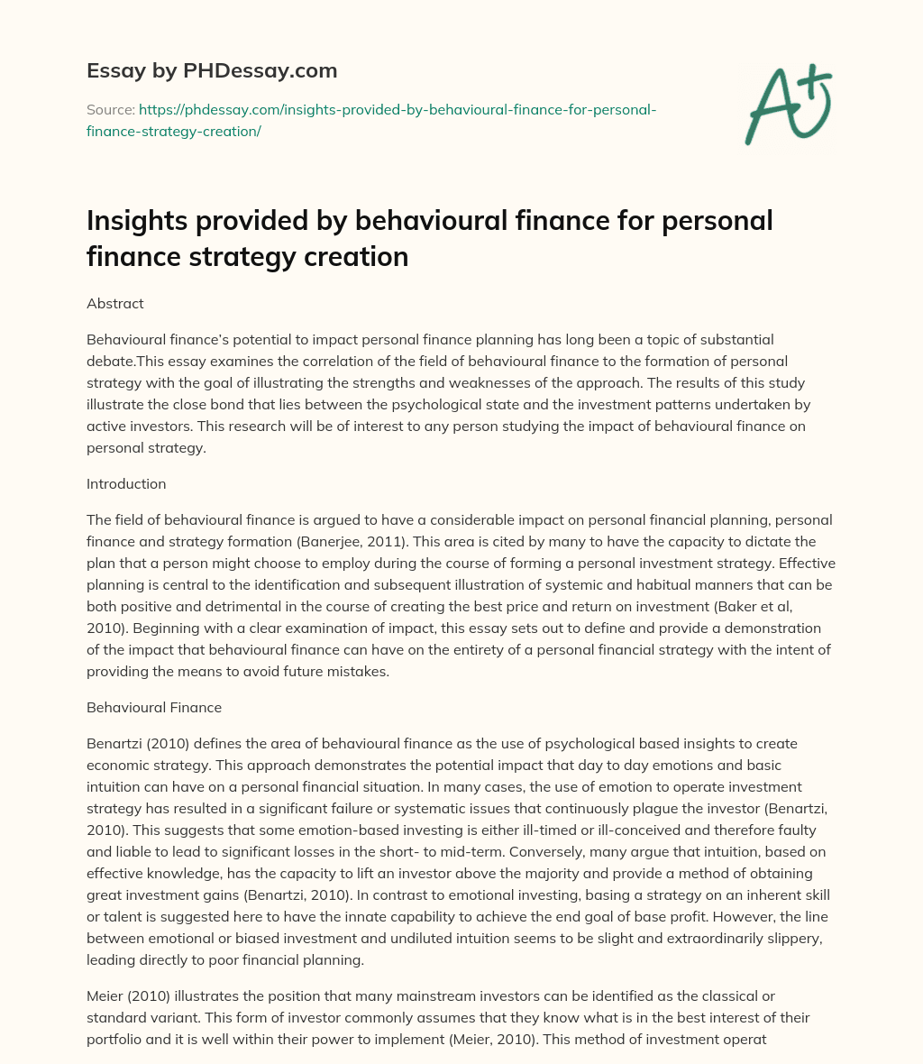 Insights provided by behavioural finance for personal finance strategy creation essay