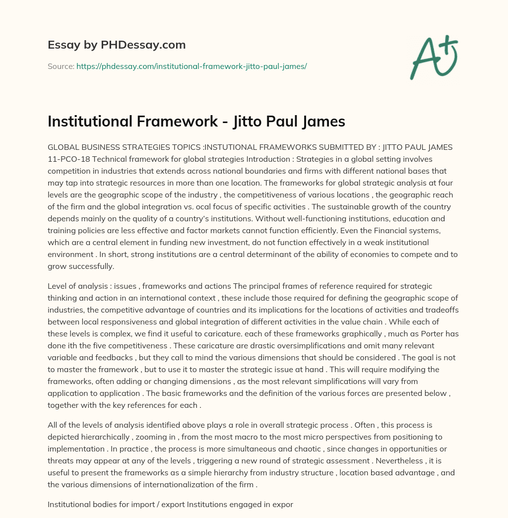 Institutional Framework – Jitto Paul James essay