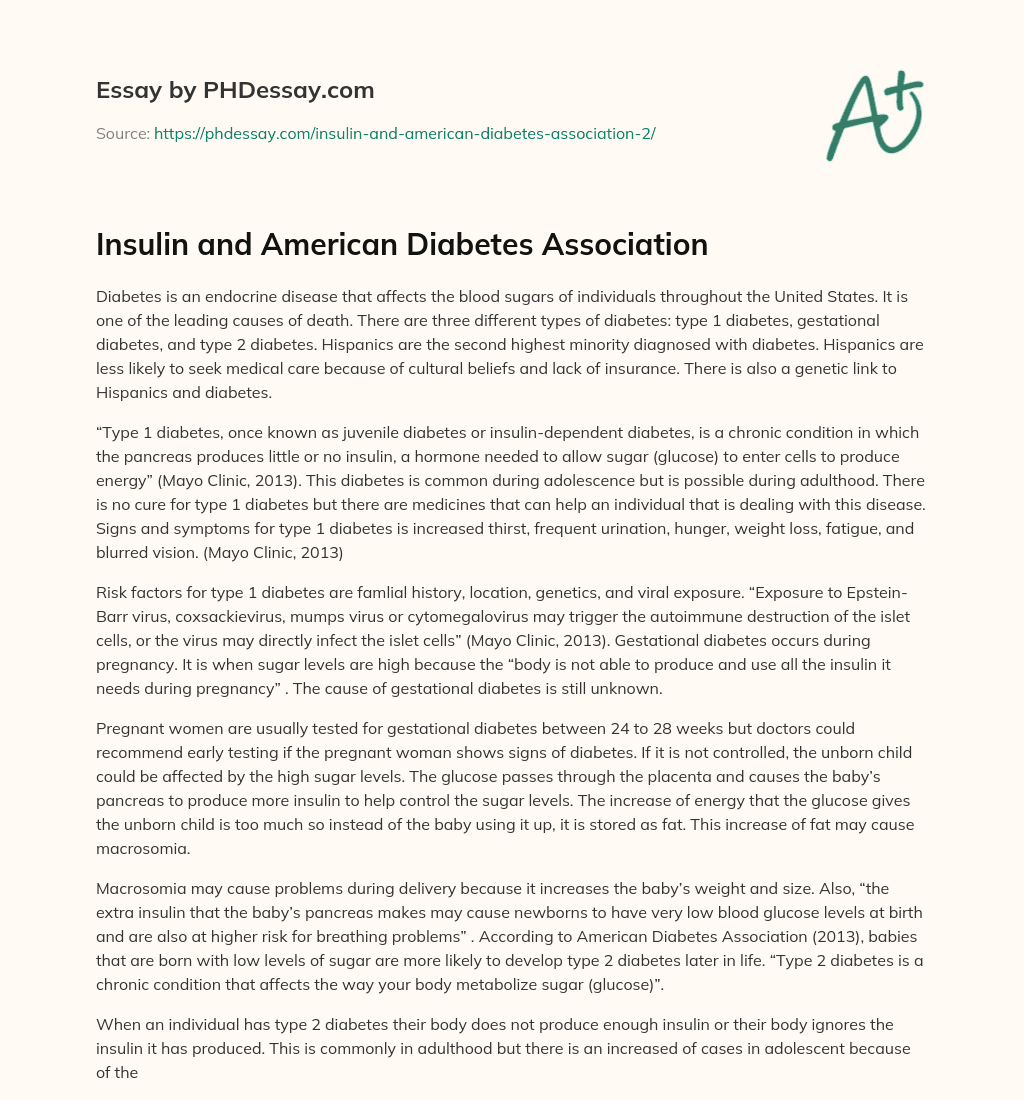 Insulin and American Diabetes Association essay