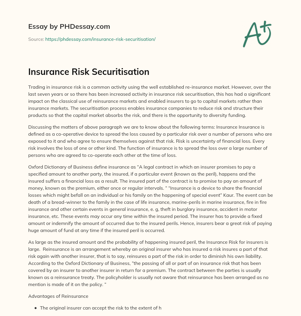 Insurance Risk Securitisation essay