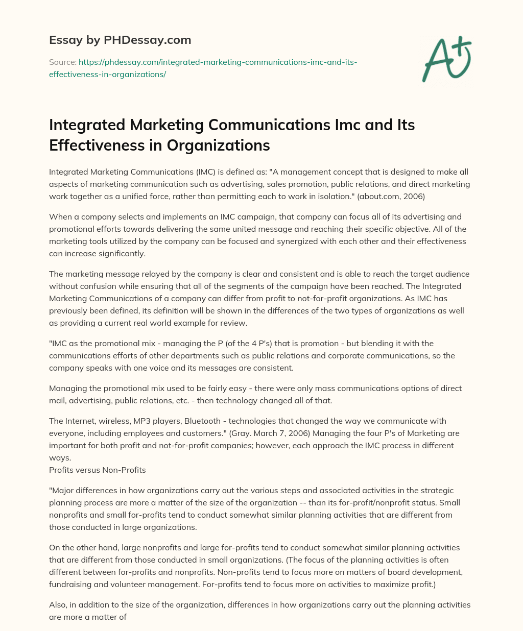 Integrated Marketing Communications Imc and Its Effectiveness in Organizations essay