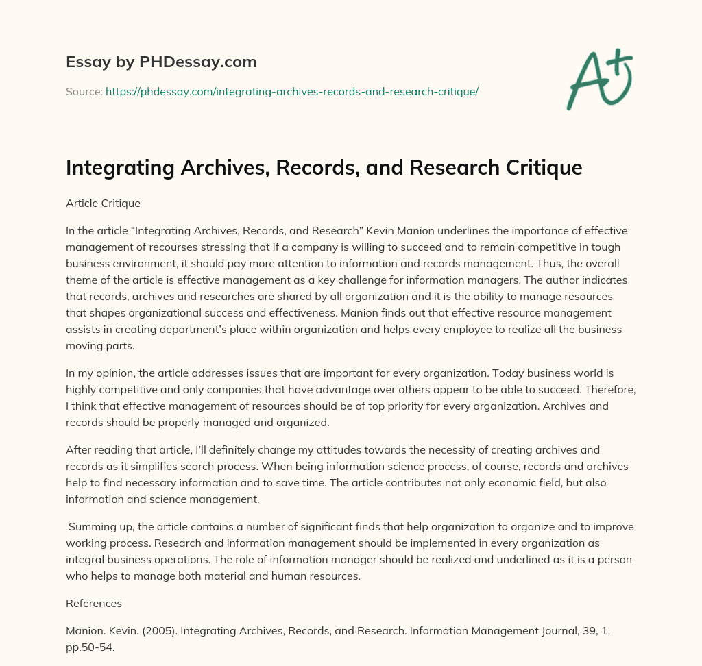 Integrating Archives, Records, and Research Critique essay