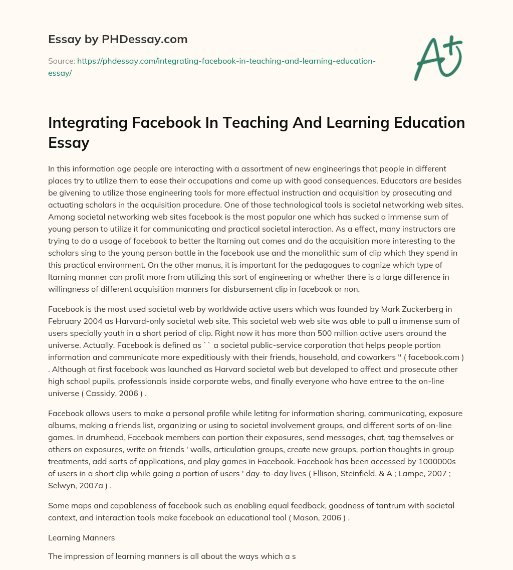 Integrating Facebook In Teaching And Learning Education Essay essay