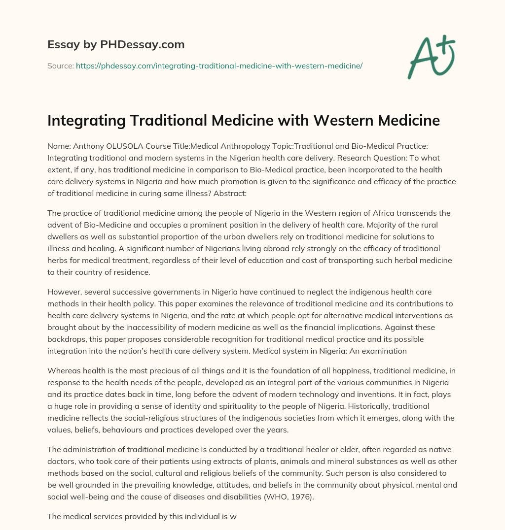 Integrating Traditional Medicine with Western Medicine essay